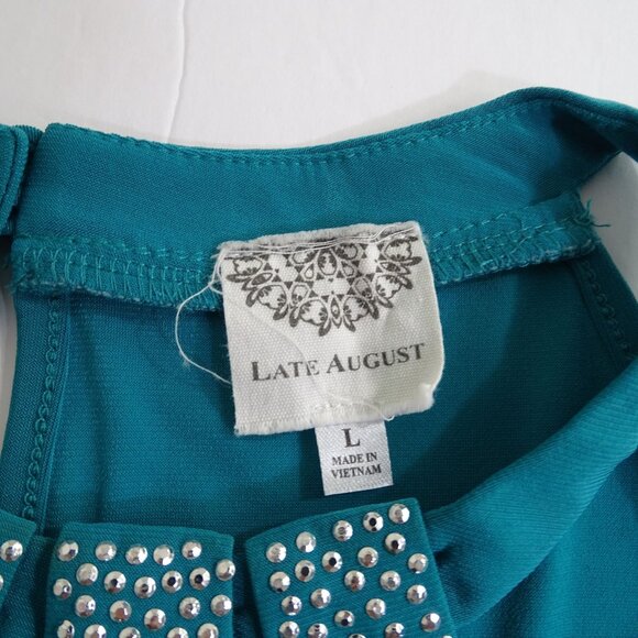Late August Green Cold-Shoulder Top Women Size L Studded Neckline Short Sleeve - Picture 5 of 9